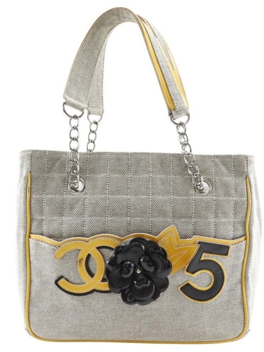 CHANEL Camellia NO5 Tote Bag Chocolate Bar Chain tote gray/yellow canvas Women